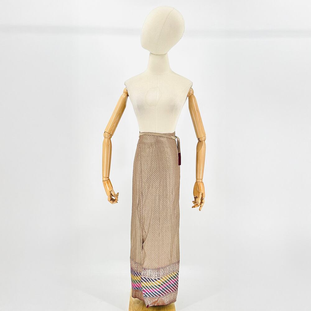 NWT 90s Gold Red 100% Silk Upcycled Indian Sari Wrap Skirt Rainbow Trim